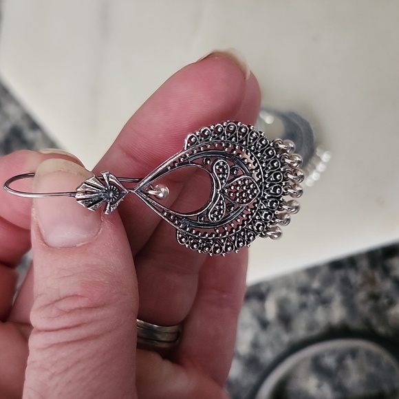 Silver Filigree Chandelier Boho Tribal Drop Earrings - Picture 6 of 12